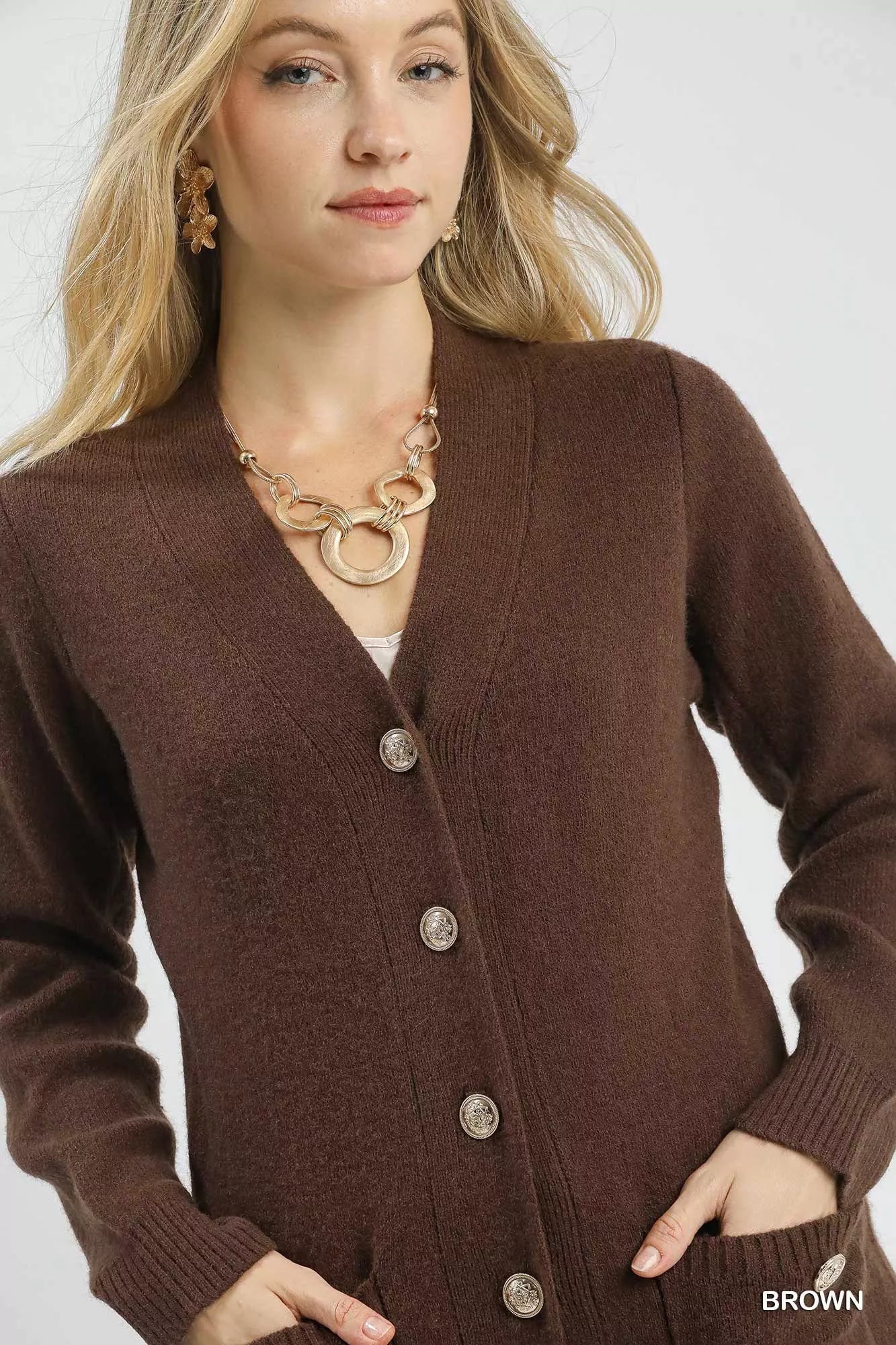 Umgee Button-Down Longline Sweater Cardigan with Front Pockets 