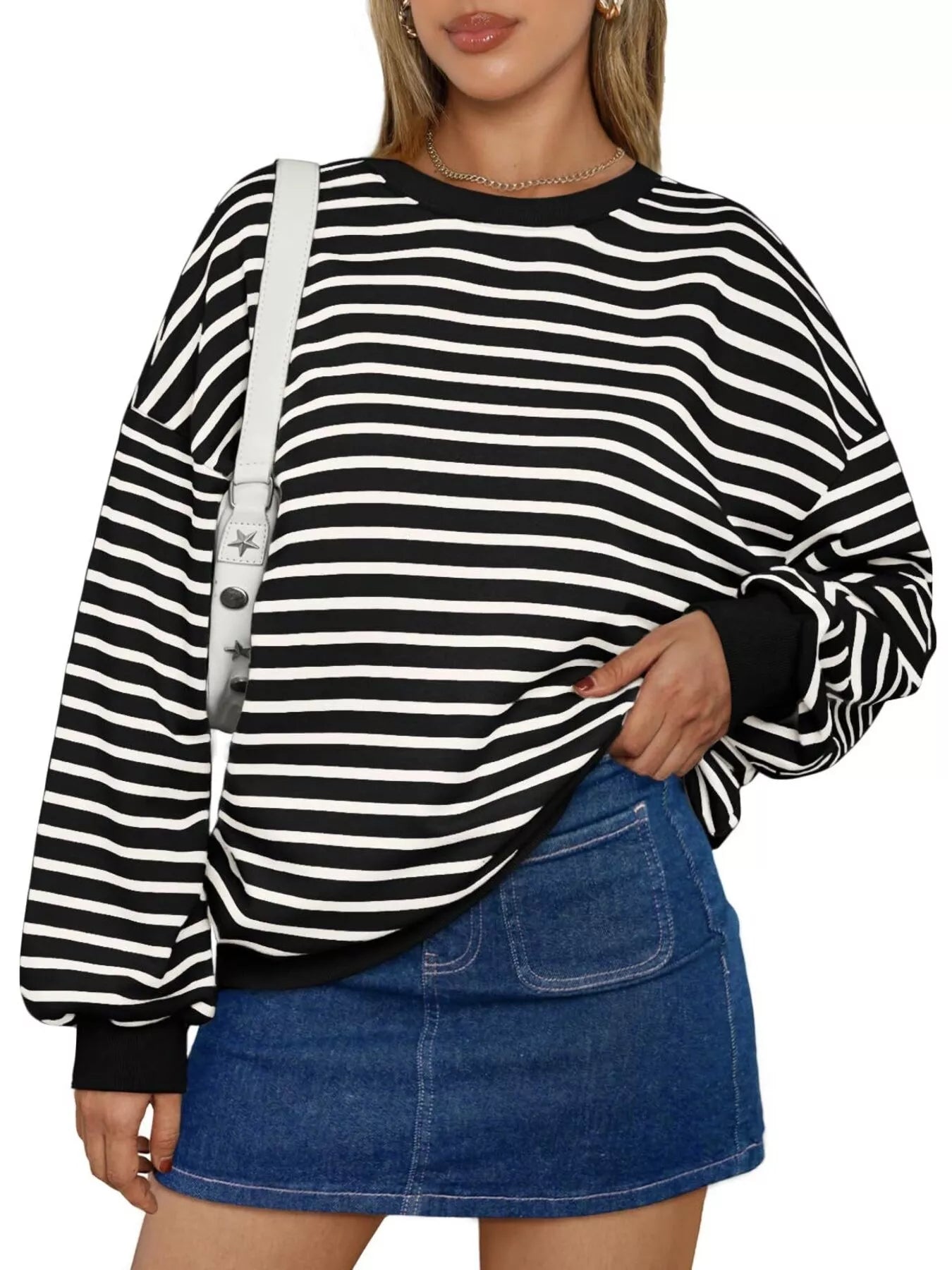 Striped Round Neck Oversized Casual Sweatshirt 