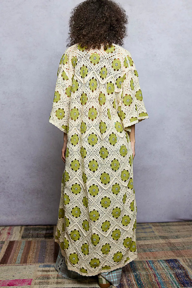 POL Open Front Floral Crochet Longline Cardigan 