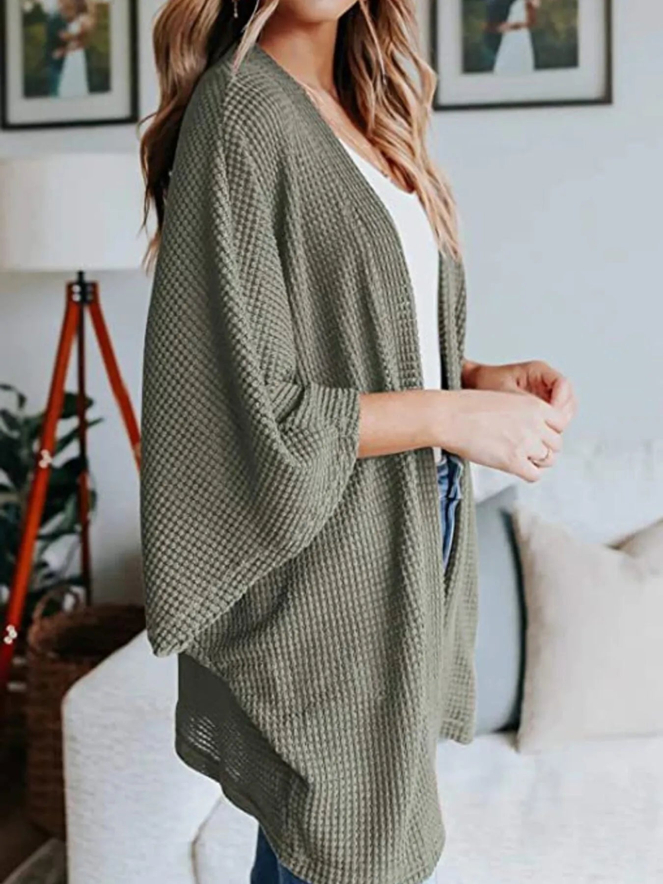 Full Size Open Front Waffle Knit Cardigan Plus Size 