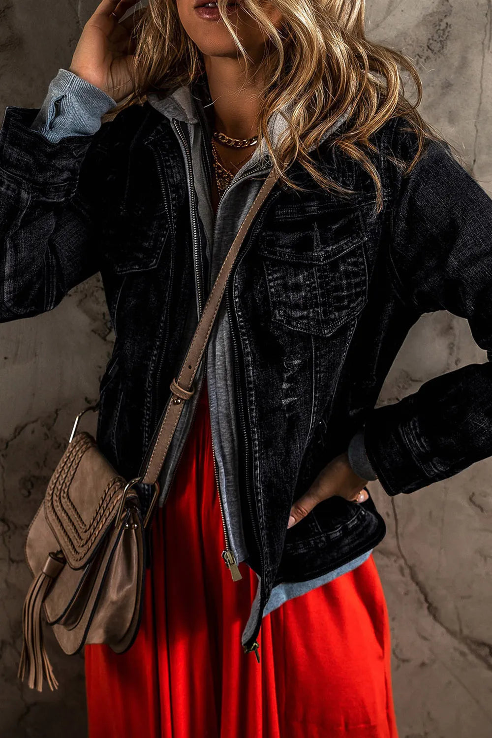 Fake Two-Piece Hooded Zip-Up Denim Jacket 