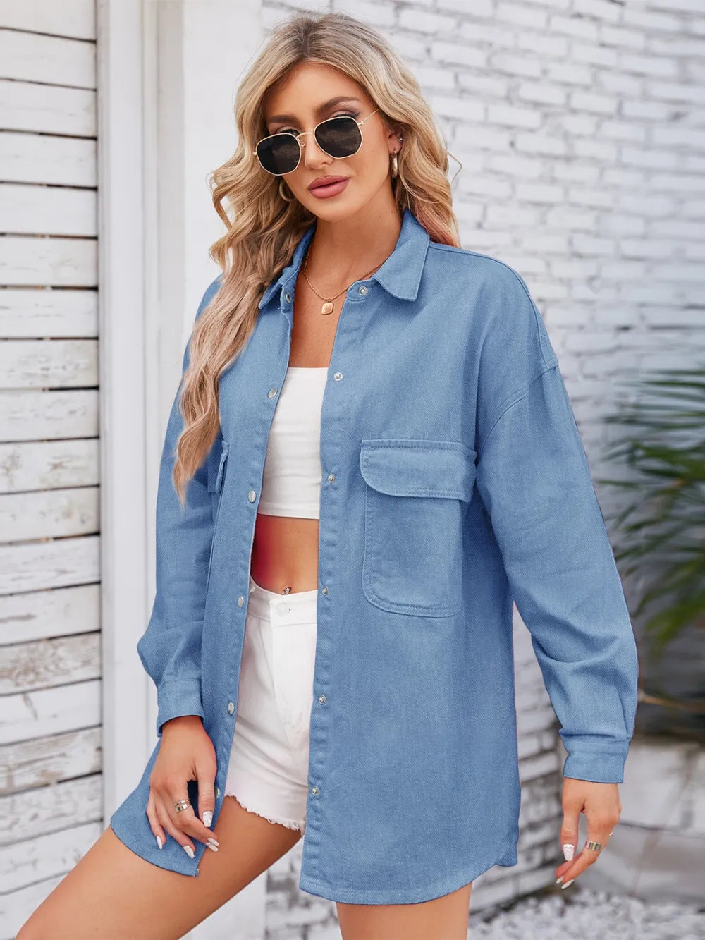 Pocketed Snap Down Dropped Shoulder Denim Shacket 