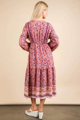 VERY J Floral Printed Boho V-Neck Balloon Sleeve Dress 