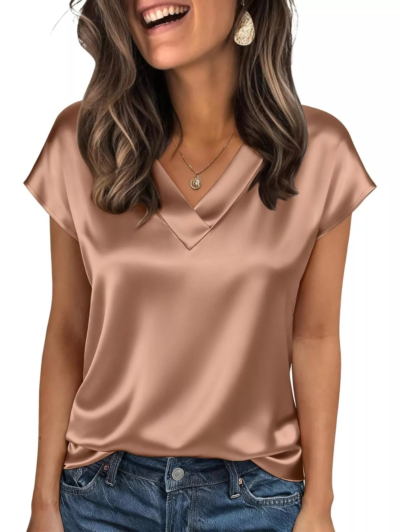 Satin V-Neck Cap Sleeve Blouse 