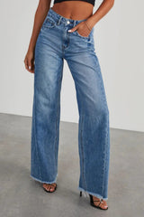 Raw Hem Wide Leg Jeans with Pockets 