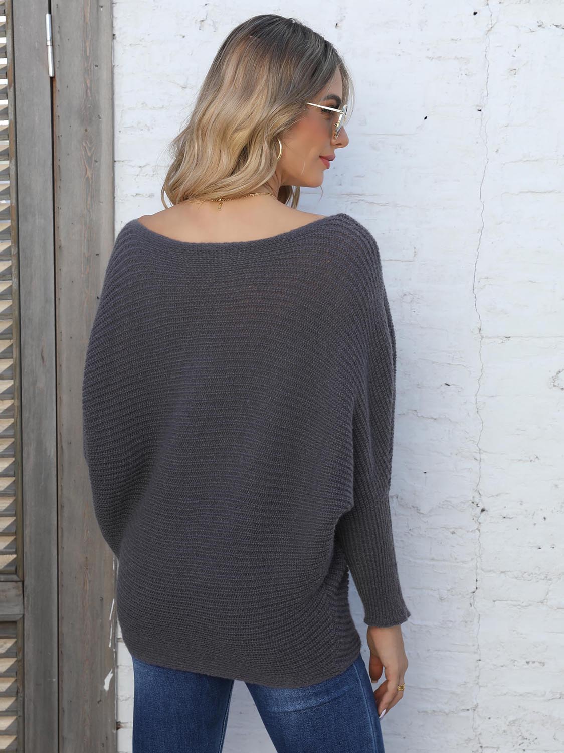 Full Size Horizontal Ribbing Dolman Sleeve Sweater 