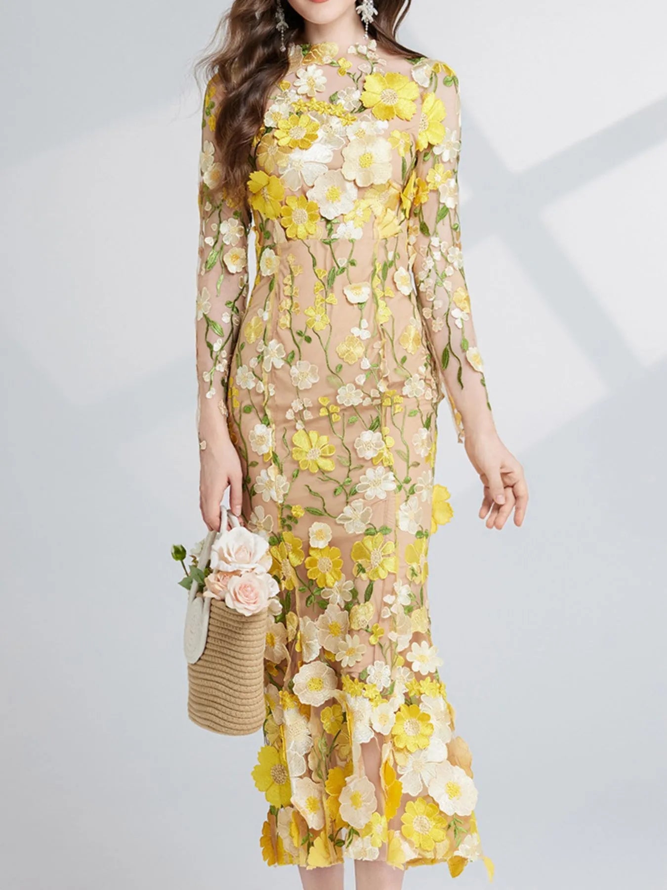 Floral Embroidered Mesh Long Sleeve Midi Dress 