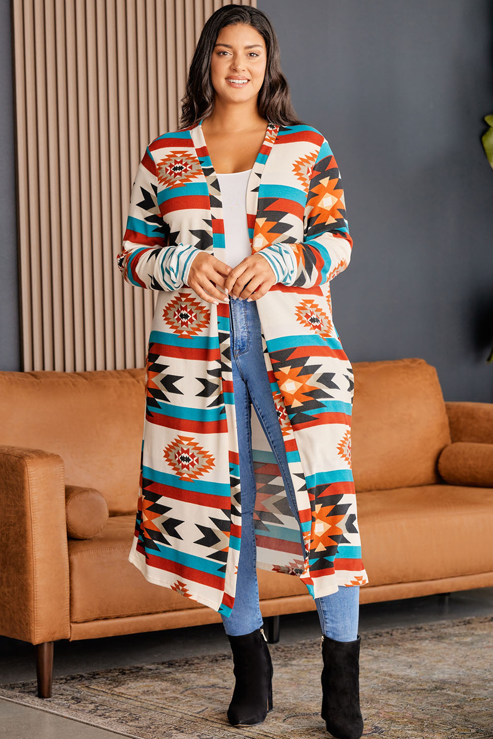 Plus Size Geometric Open Front Longline Cardigan 