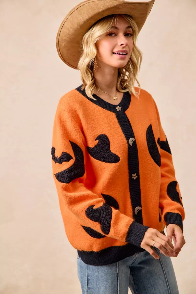BiBi Halloween Witch Hat Moon Bat Artwork Cardigan 
