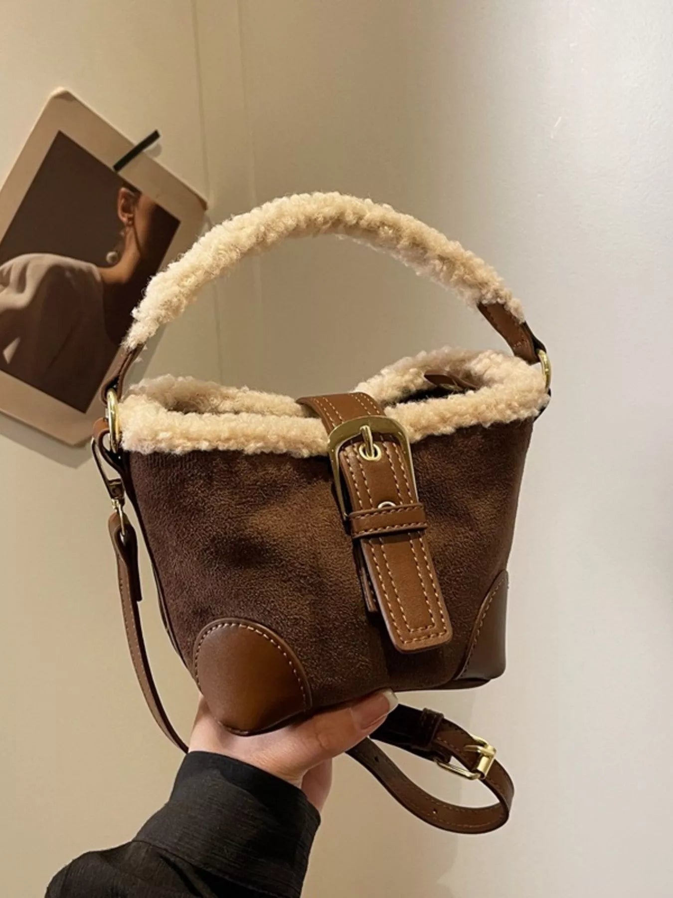 Fuzzy Trim Bucket Crossbody Bag 