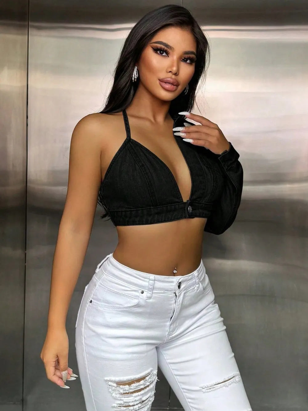 One Shoulder Long Sleeve Cropped Denim Top 