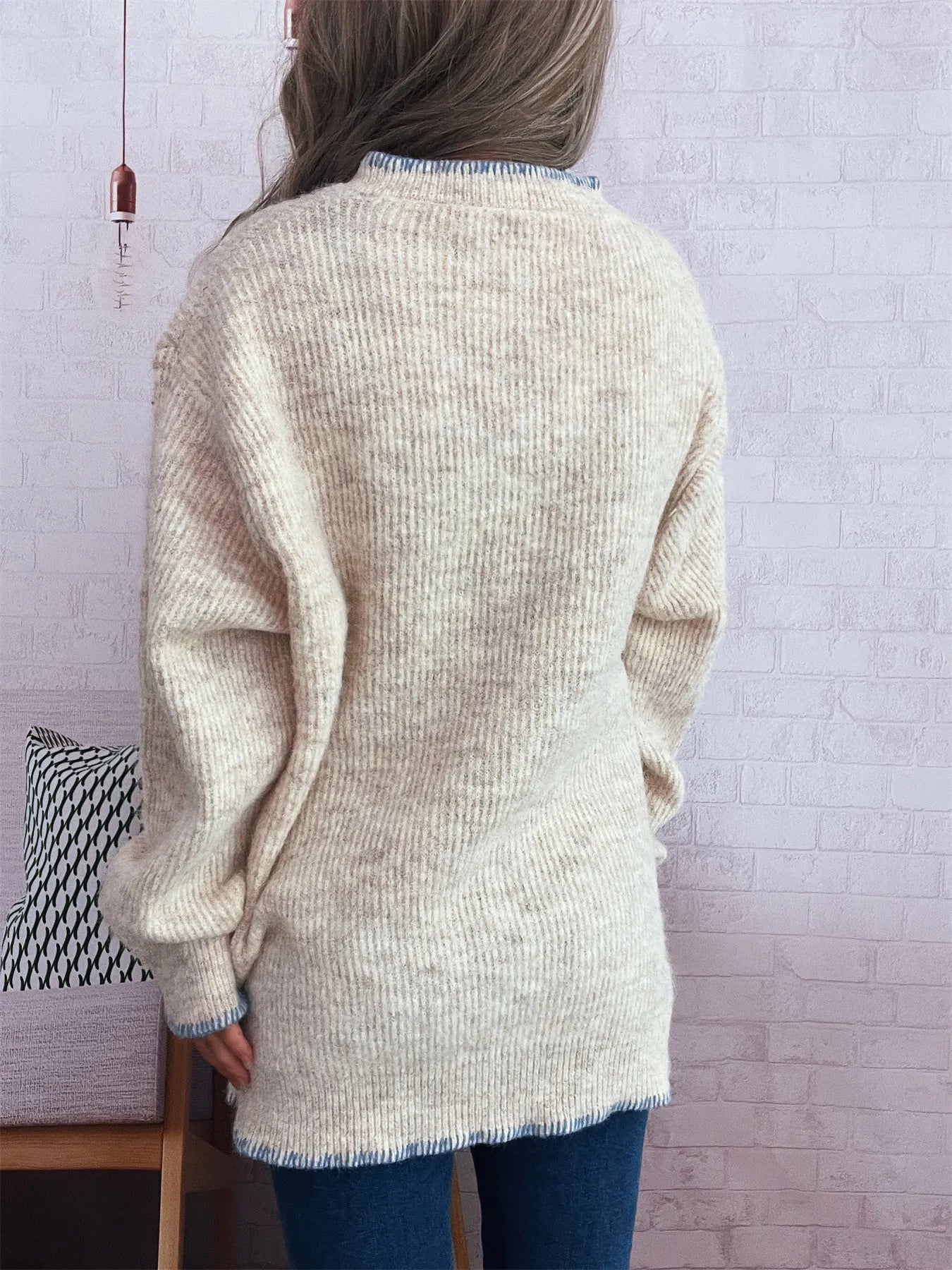 Ribbed Button Detail Long Sleeve Sweater 