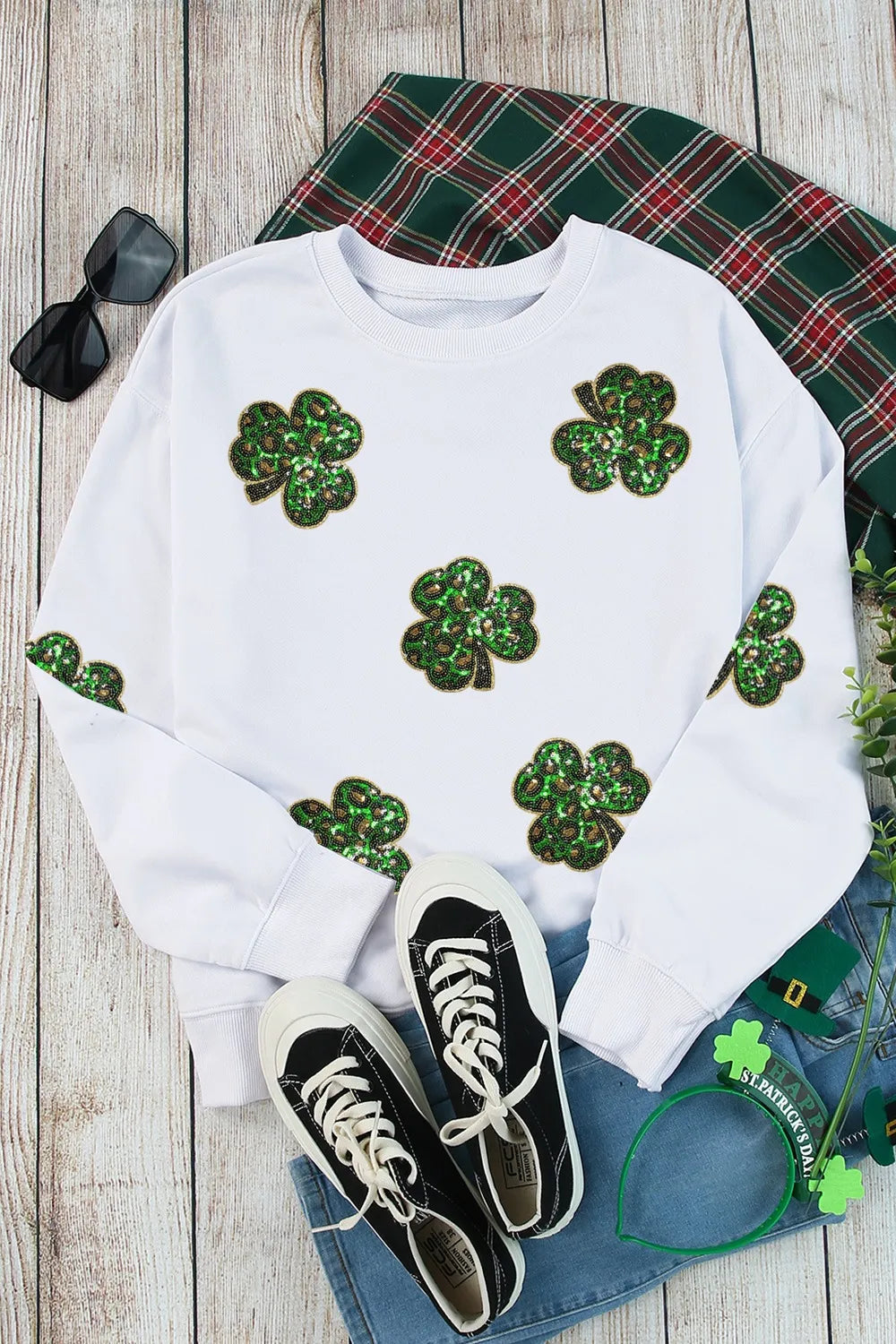Sequin Lucky Clover Long Sleeve Sweatshirt 