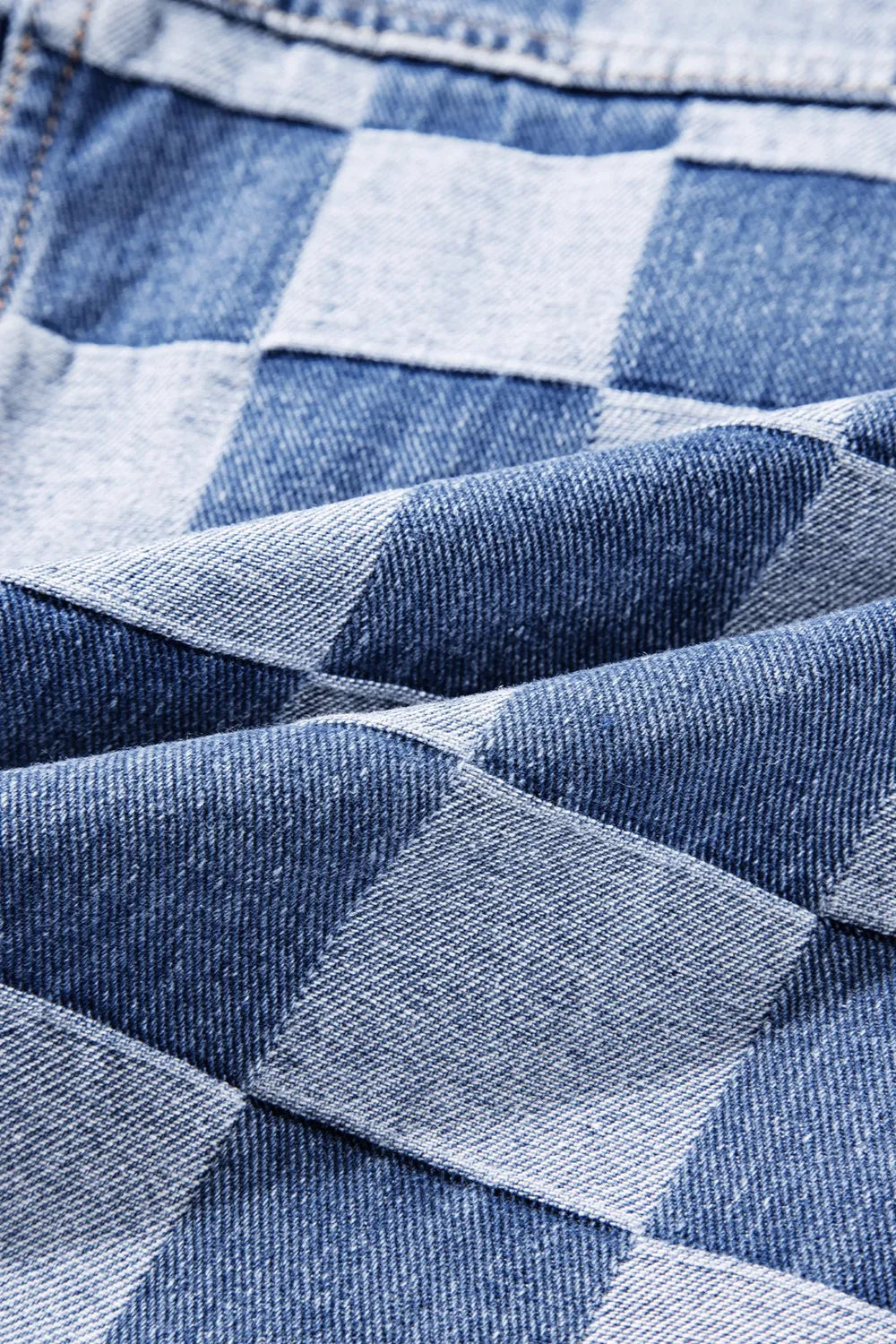 Checkered Button Up Long Sleeve Denim Jacket 