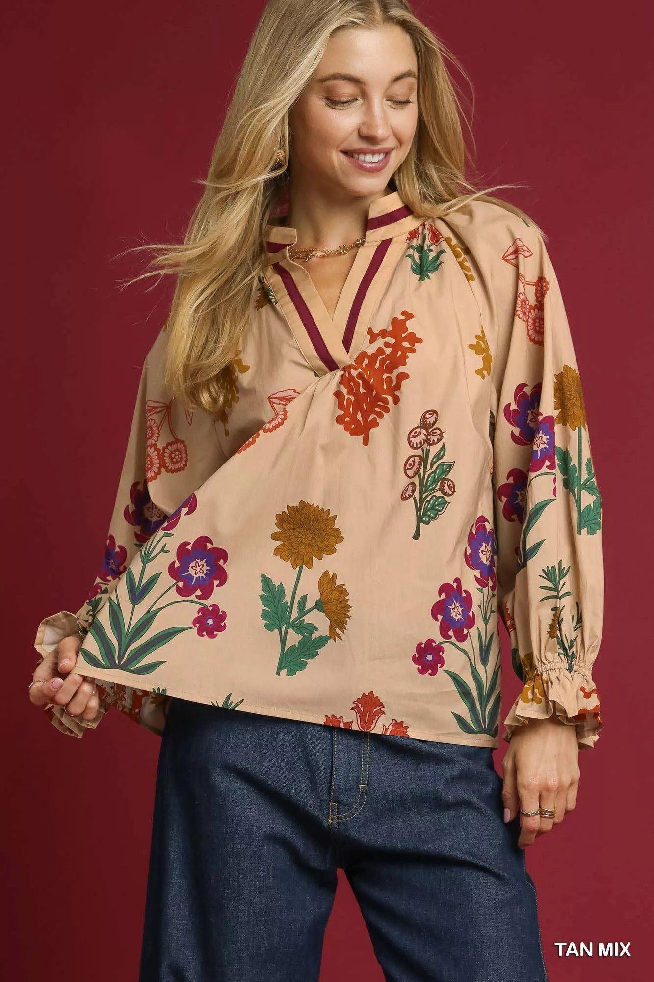Umgee Floral Print Flounce Sleeve Blouse 