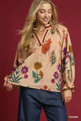Umgee Floral Print Flounce Sleeve Blouse 