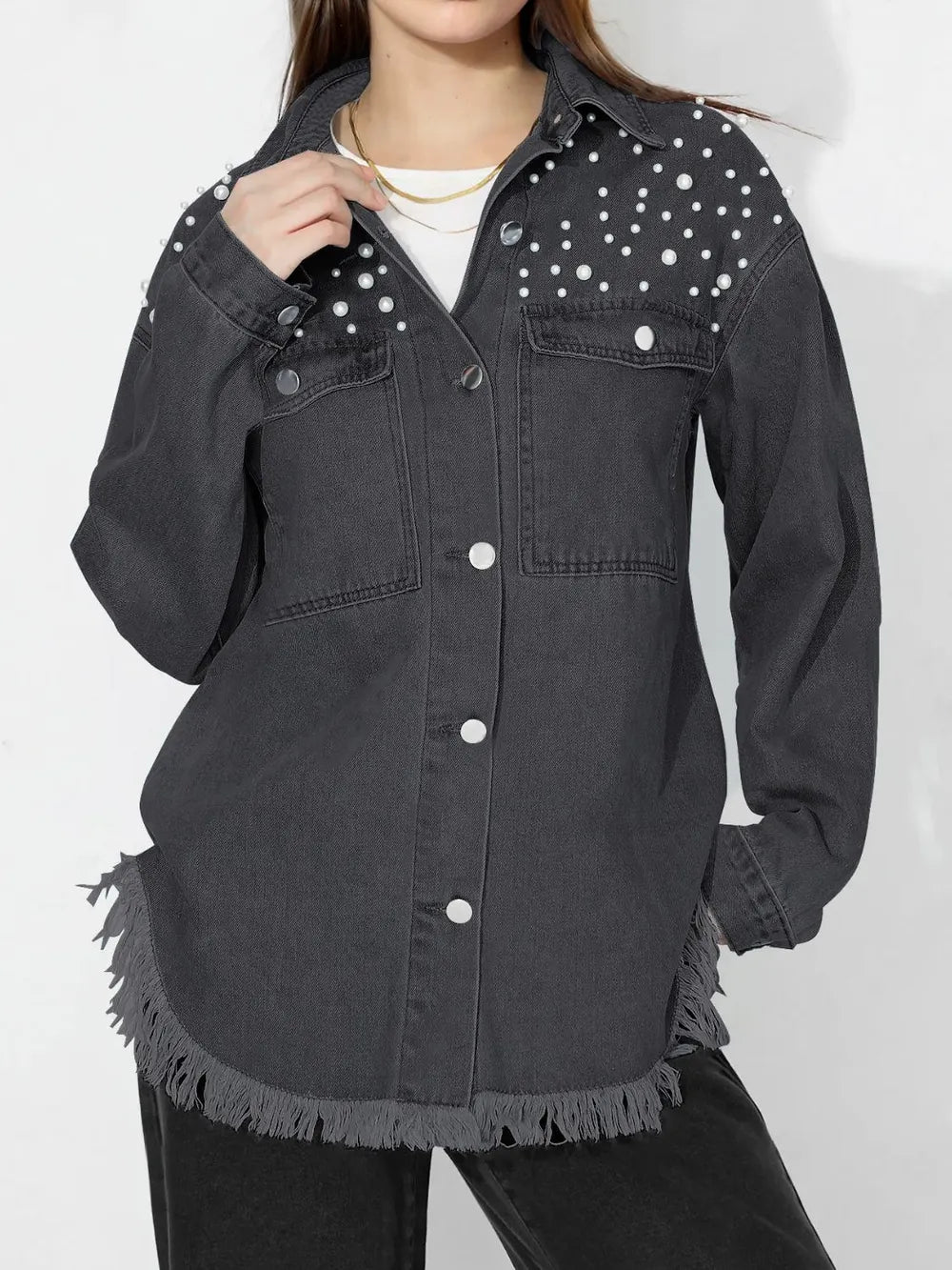 Raw Hem Pearl Trim Collared Neck Denim Top 