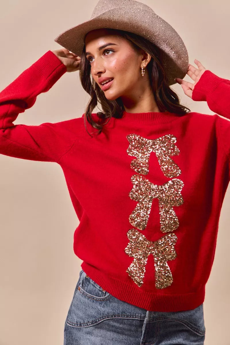 SO ME Sequins Bow Ribbon Embellished Christmas Sweater 