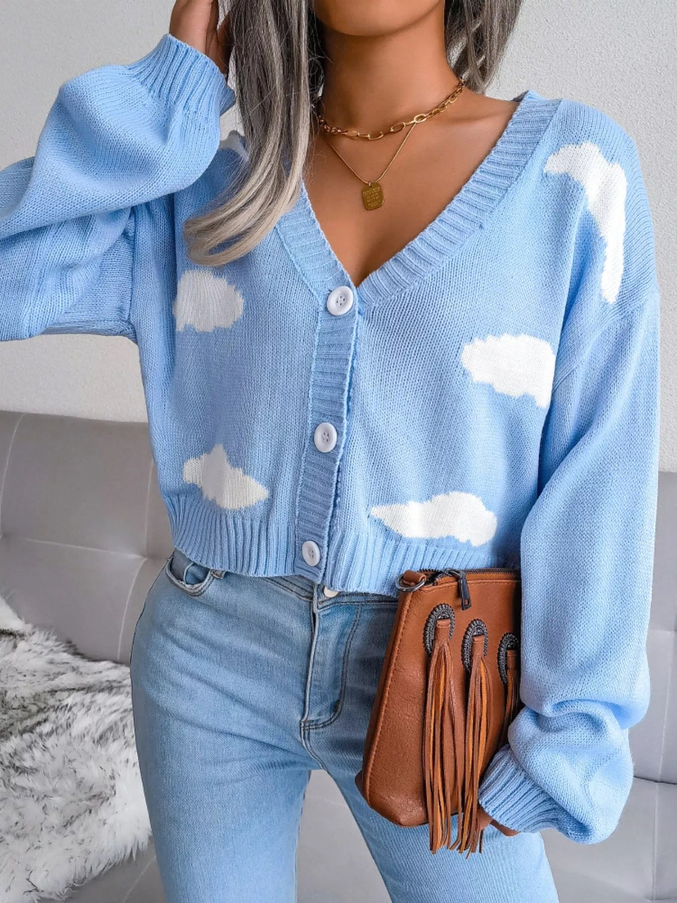 Cloud Pattern Button-Up Cropped Cardigan 