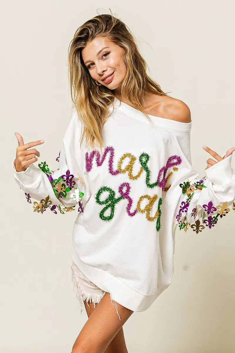 BiBi Fleur De Lis Sleeve Mardi Gras Pullover 