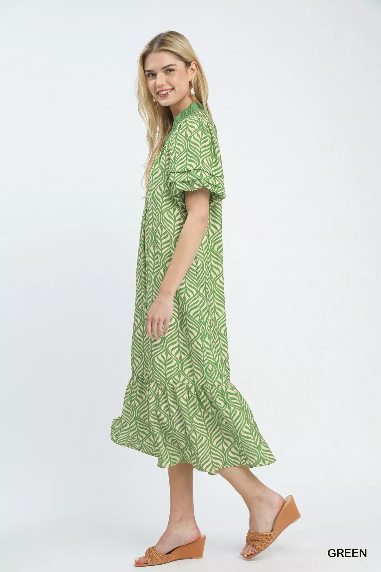 Umgee Leaf Print Ruffle Neck Midi Dress 
