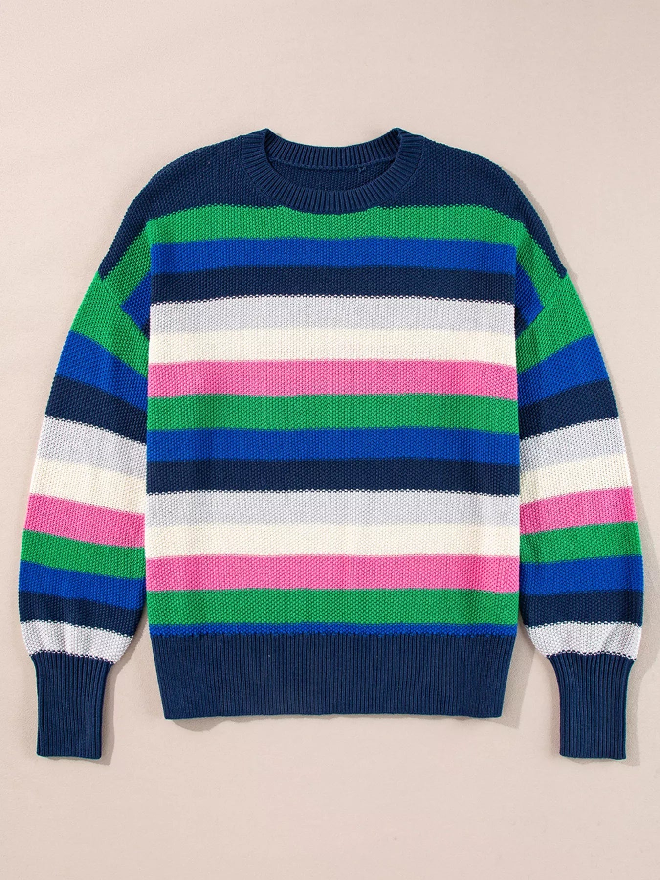 Rainbow Striped Crew Neck Drop Shoulder Sweater 