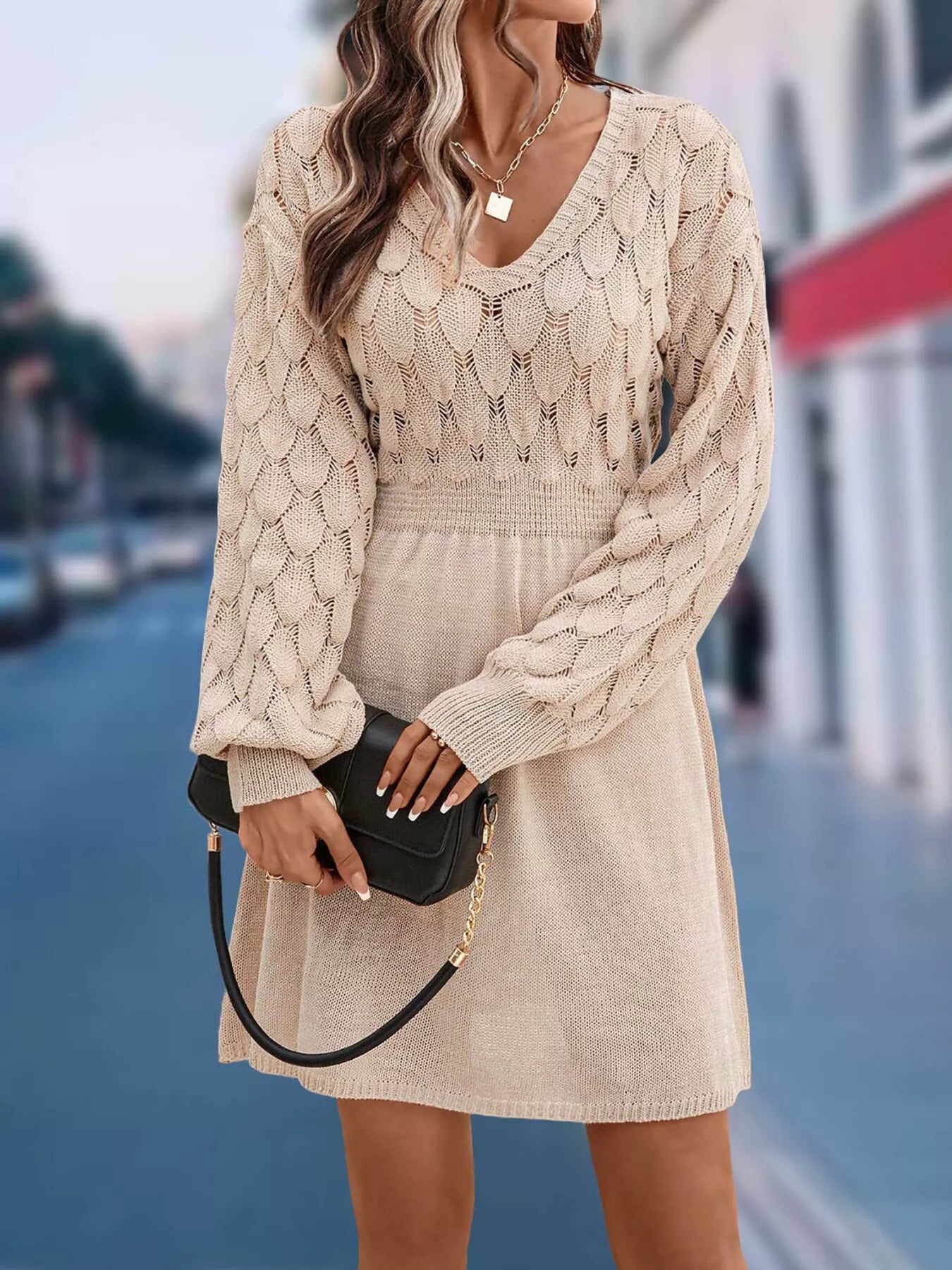 V-Neck Long Sleeve Sweater Dress 