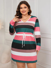 Honey Plus Size Striped V-Neck Long Sleeve Mini Dress 