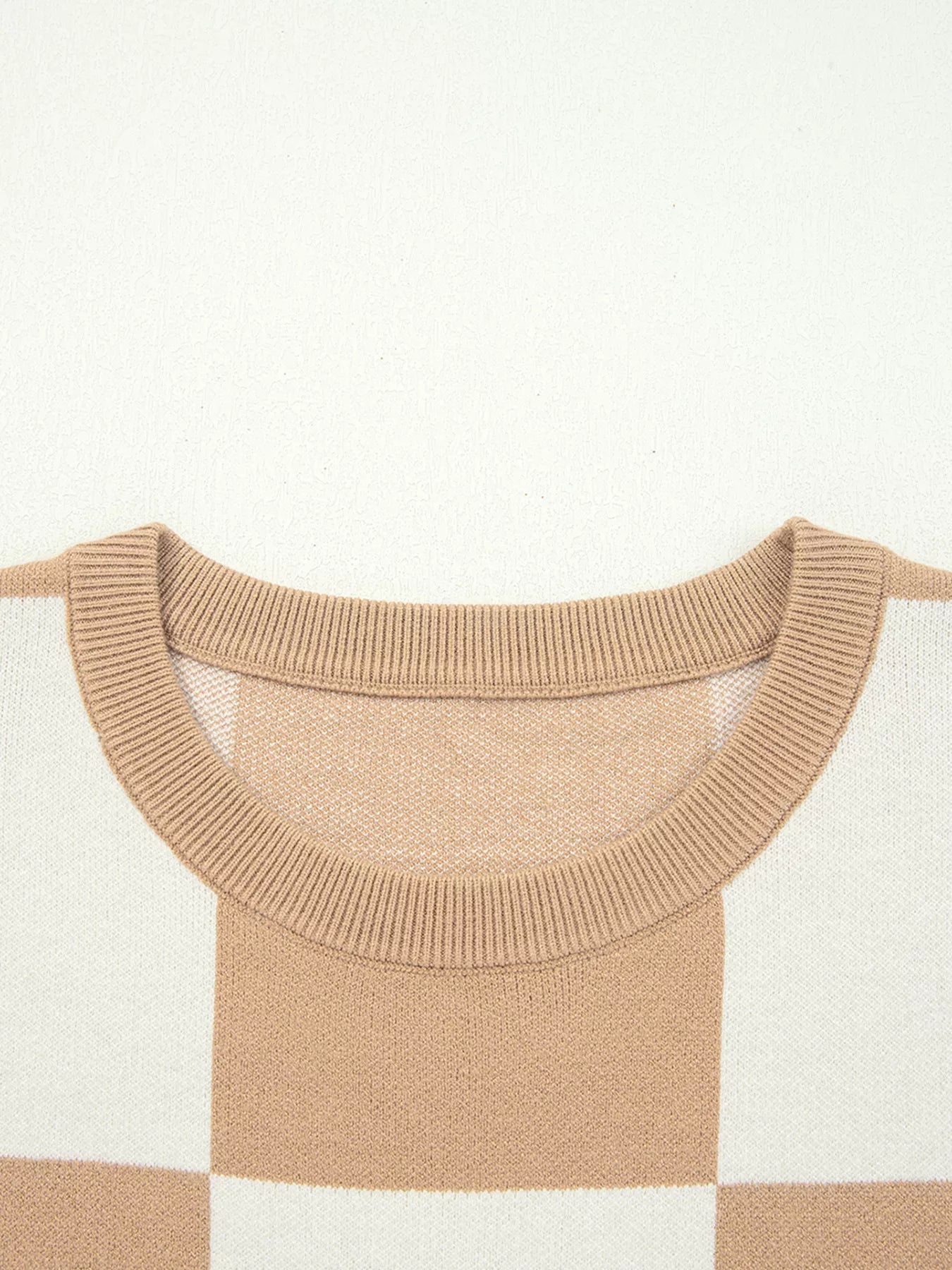 Checkered Pattern Loose Drop Shoulder Half Sleeve Sweater 
