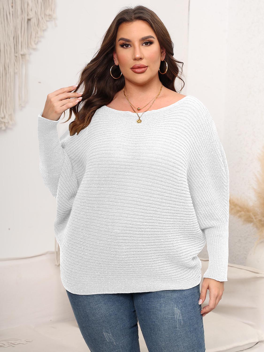 Full Size Boat Neck Batwing Sleeve Sweater 