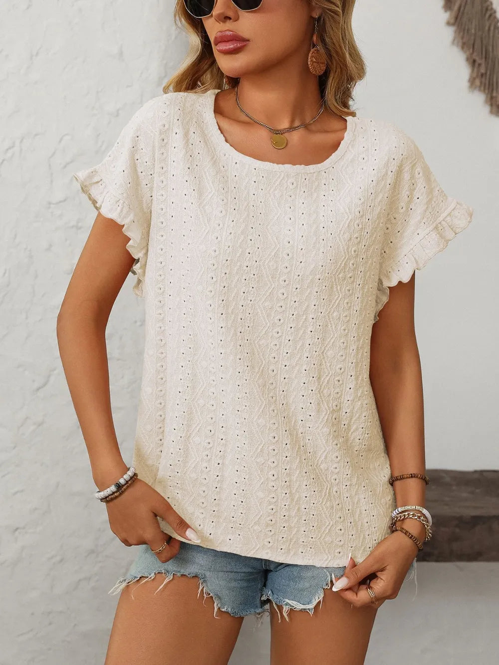 Mandy Eyelet Round Neck Short Sleeve Top 