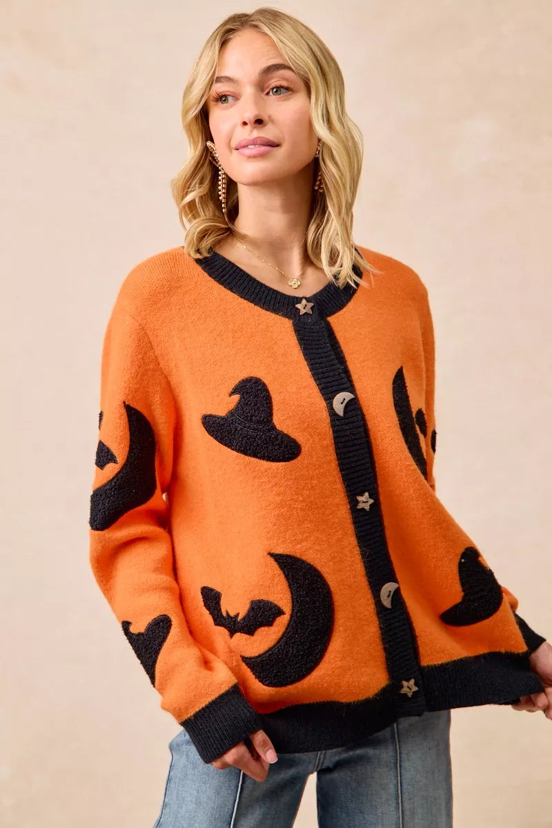 BiBi Halloween Witch Hat Moon Bat Artwork Cardigan 