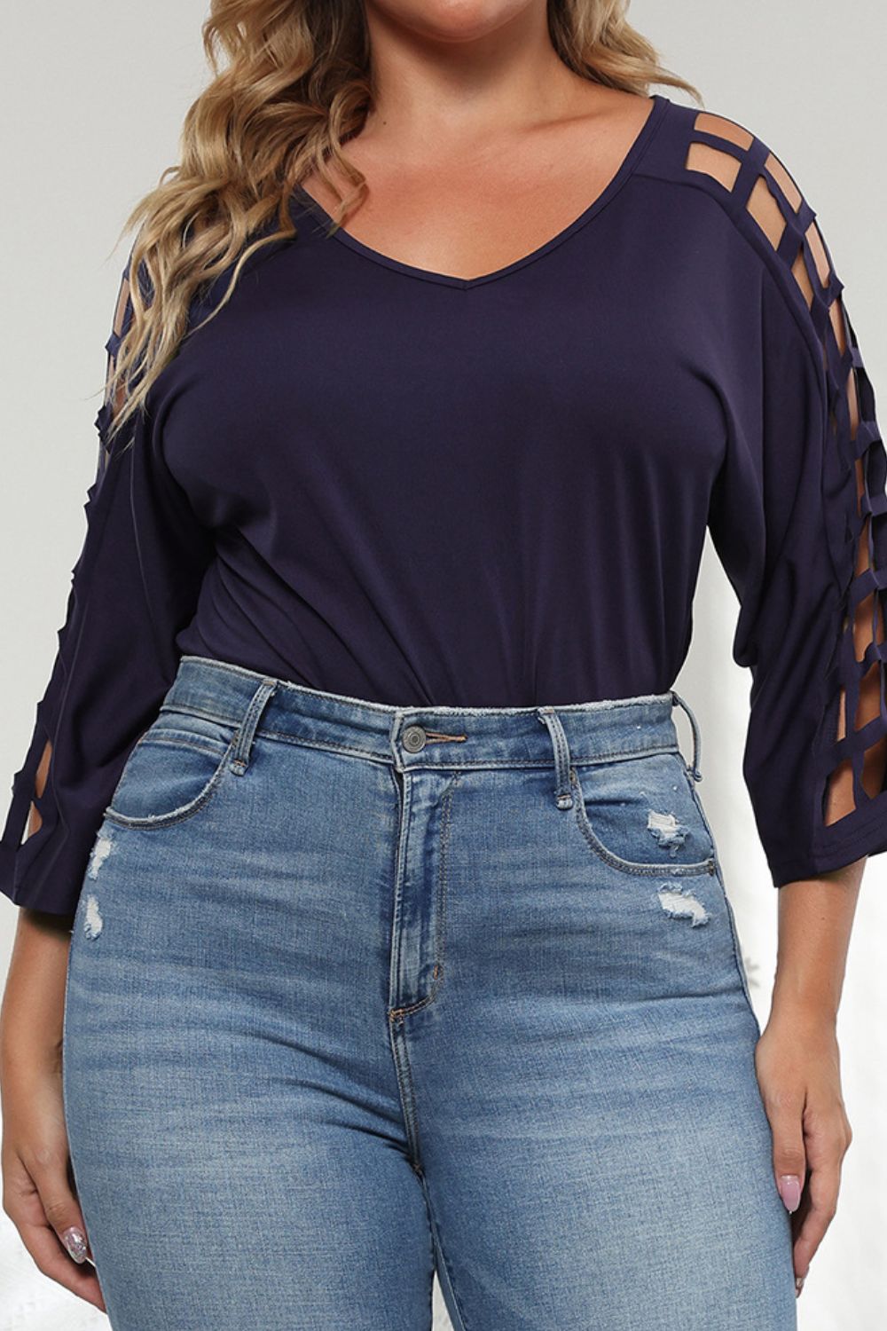 Plus Size Cutout Three-Quarter Sleeve Blouse 