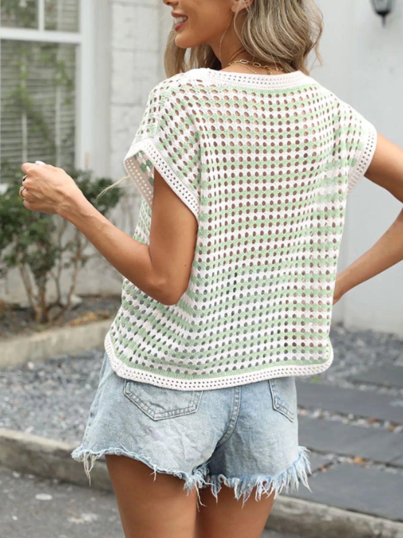 Striped Short Sleeve Crochet Knit Top 