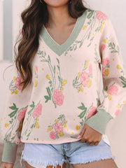 Floral Pattern Striped V Neck Loose Sweater 