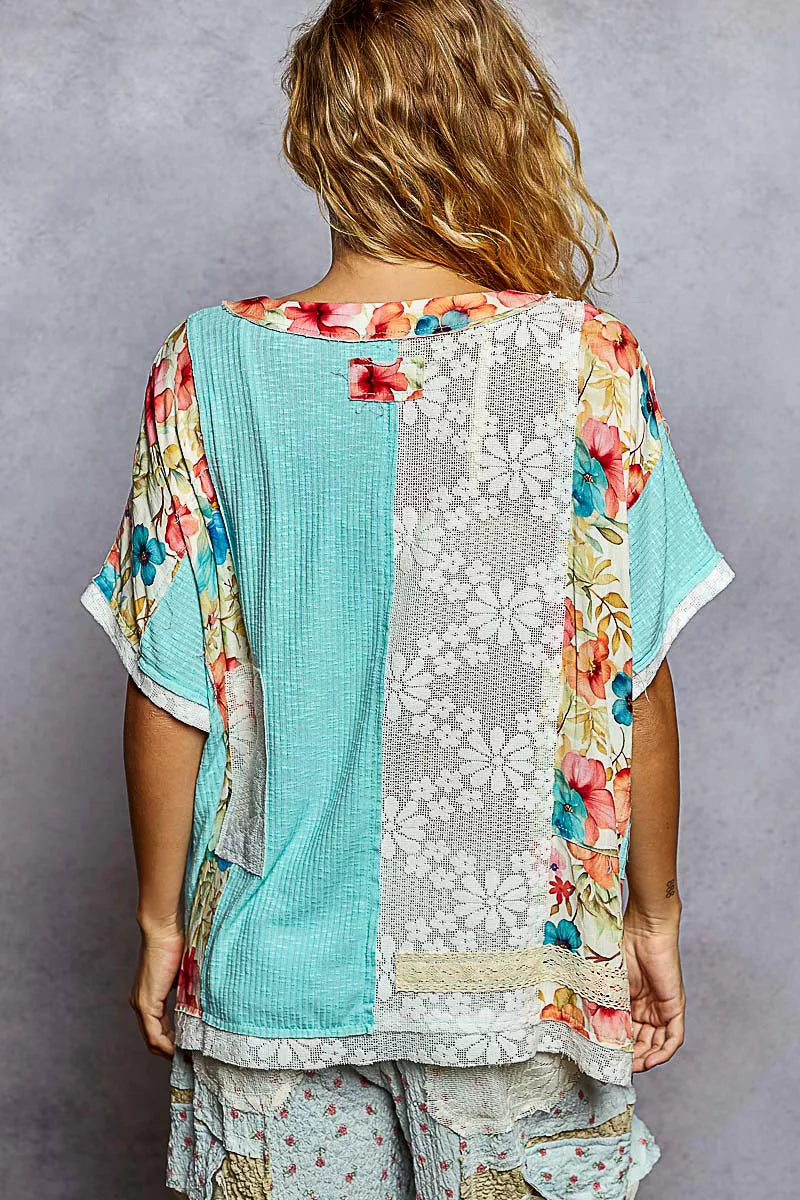 POL Lace Round Neck Short Sleeve Floral Pattern Top with Patch Detail 
