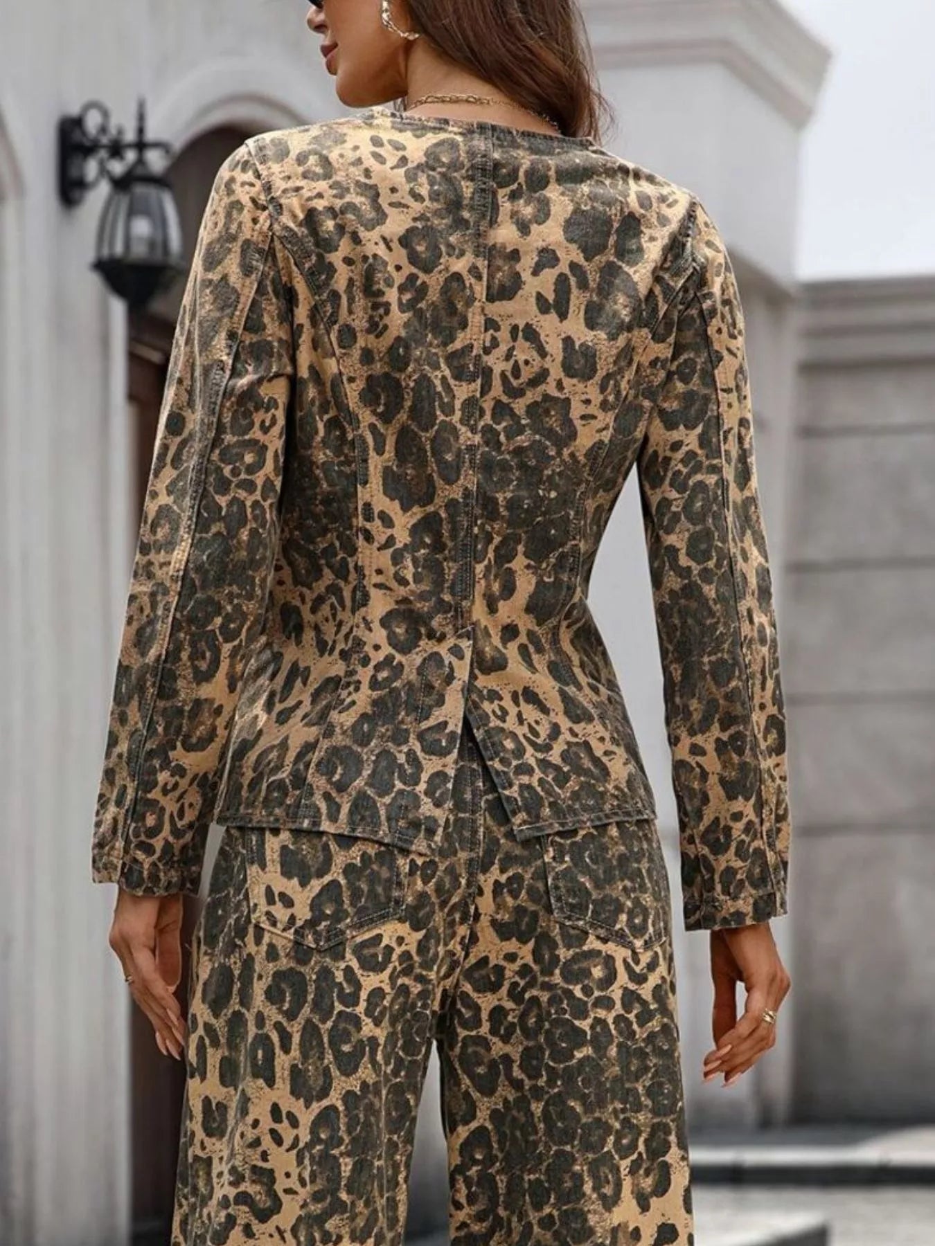 Leopard Button Up Long Sleeve Denim Shirt 