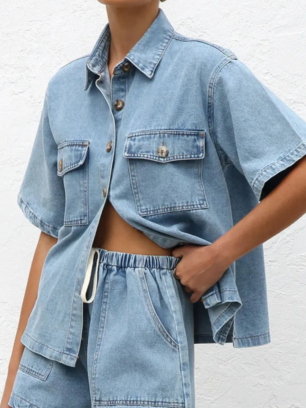 Button Up Half Sleeve Denim Shirt 