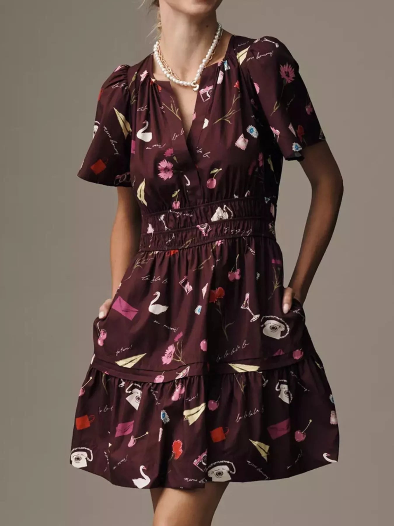 Printed Notched Short Sleeve Dress 