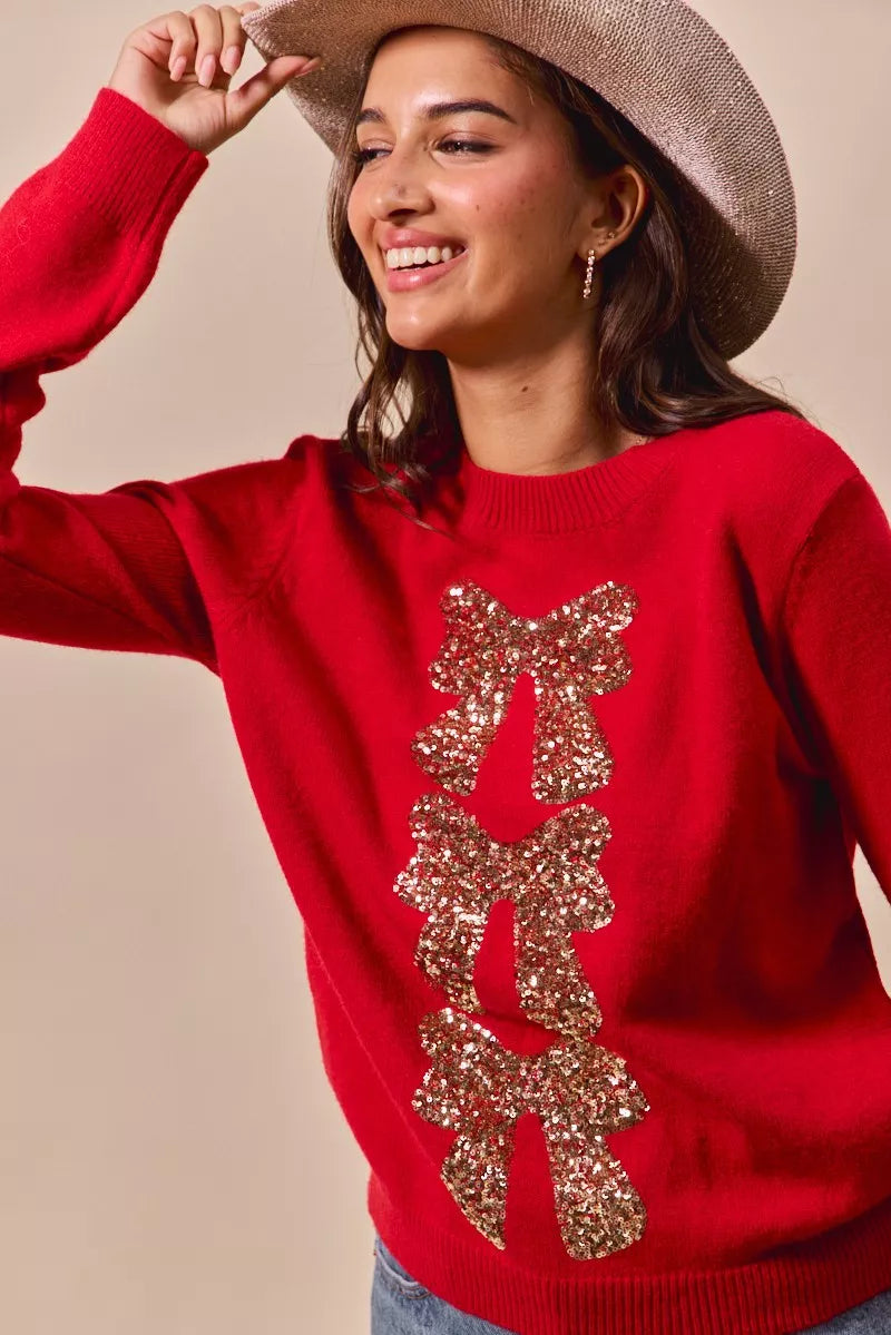 SO ME Sequins Bow Ribbon Embellished Christmas Sweater 