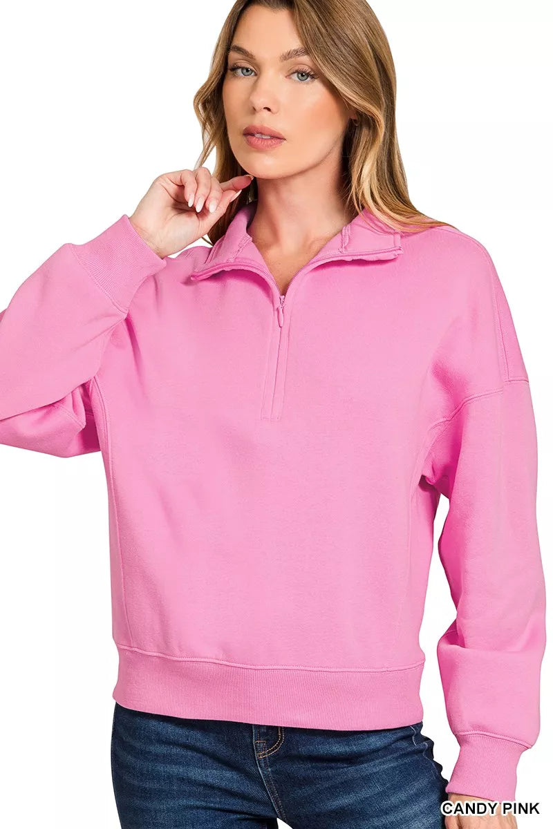 Zenana Fleece High Neck Half Zip Sweatshirt 