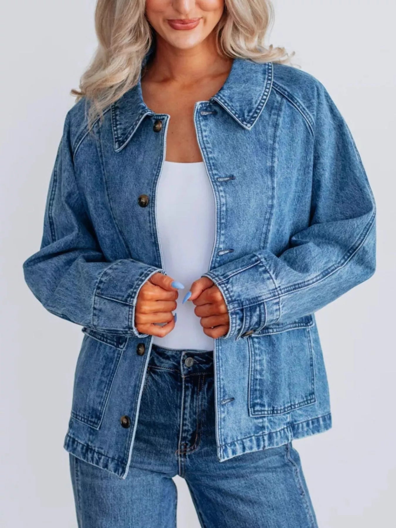 Button Up Raglan Sleeve Denim Jacket 