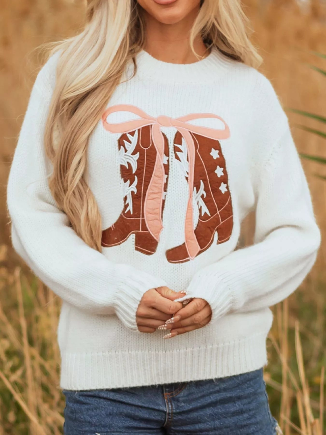 Embroidered Bow Boots Graphic Drop Shoulder Sweater 