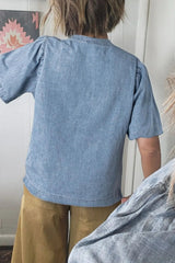 Casual Notched Puff Sleeve Denim Top 
