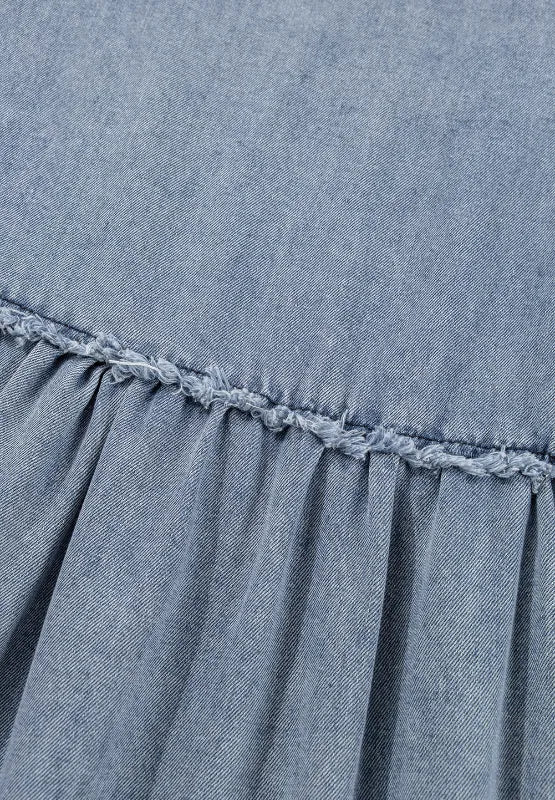 Cutout Round Neck Balloon Sleeve Denim Dress 
