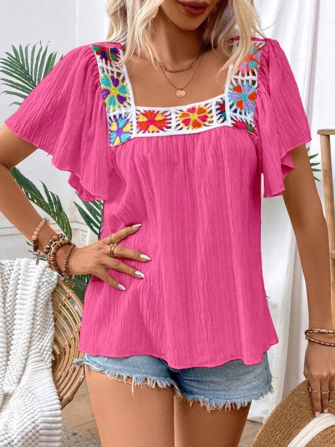Embroidered Square Neck Flutter Sleeve Blouse 