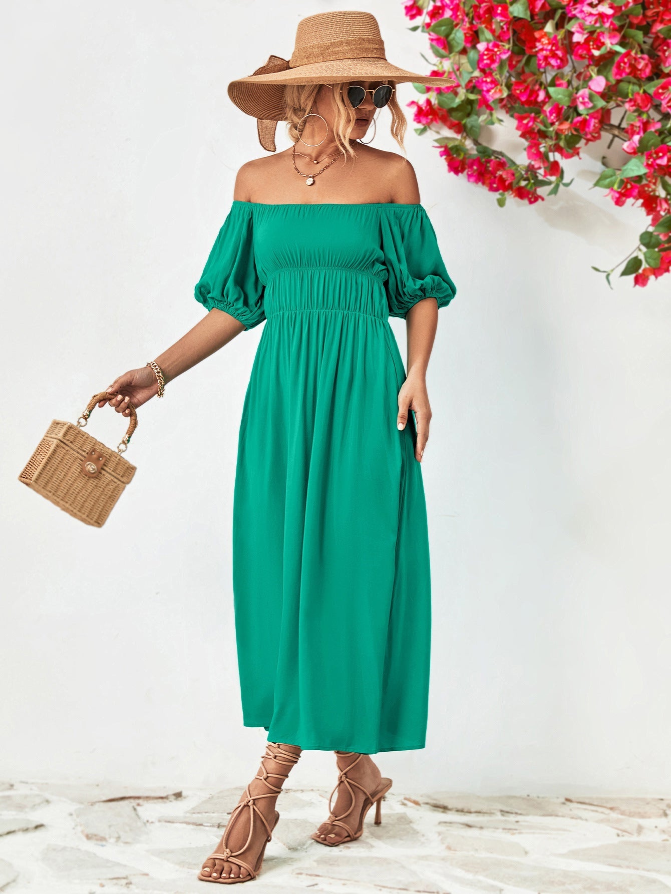 Off-Shoulder Balloon Sleeve Midi Dress 