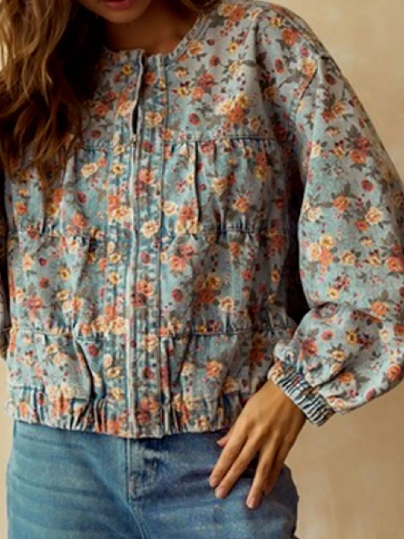 Floral Print Zip Up Cropped Denim Jacket 