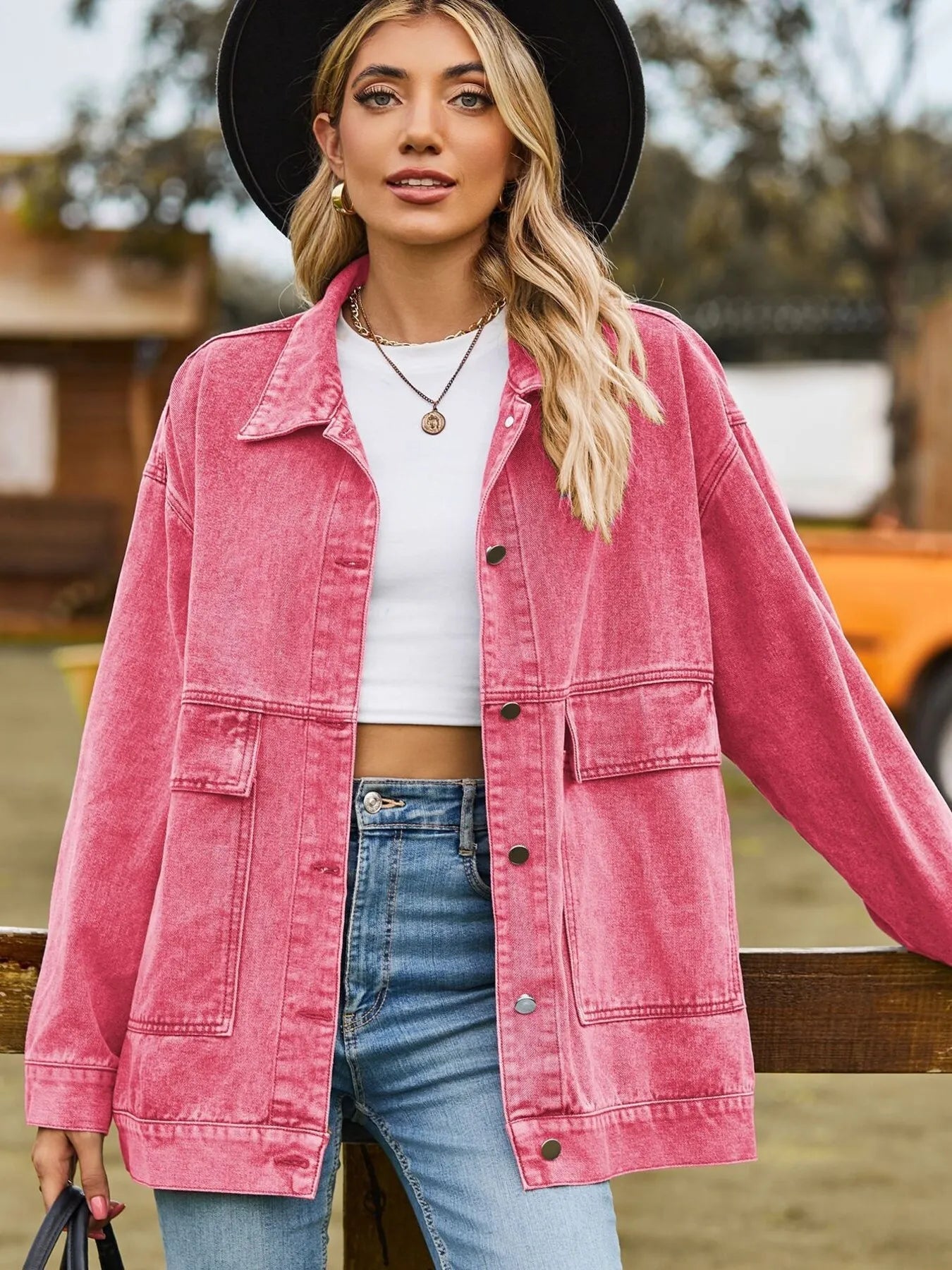 Oversized Button Up Denim Jacket with Hood 