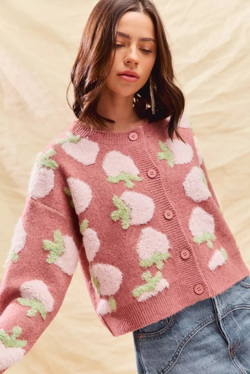 SO ME Strawberry Fruit All Over Button Sweater Cardigan 